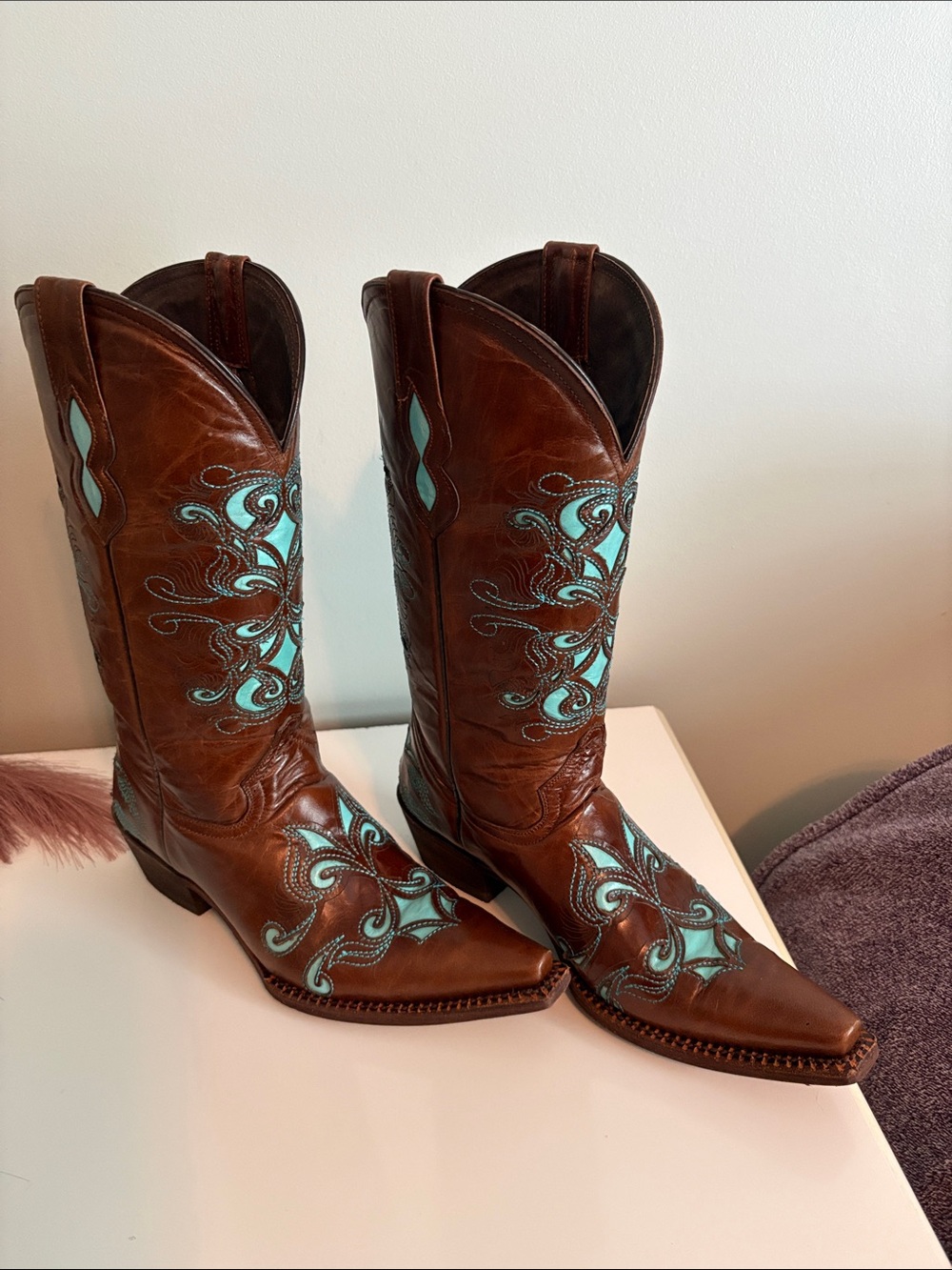 Pecos Bill Brown Leather Women's Western Heeled Boots with Turquoise Inlay 7 1/2